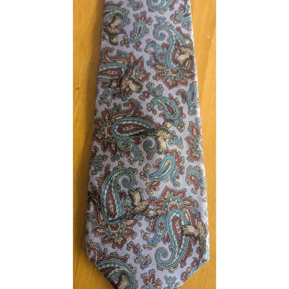 Hathaway Mens‎ Silk Tie Blue Paisley Pheasant Bird Print Made in USA 3.75 Wide